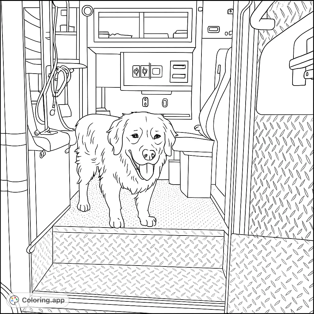 A heartwarming scene featuring a friendly dog inside an emergency vehicle, surrounded by detailed equipment and textured surfaces. Perfect for animal lovers!