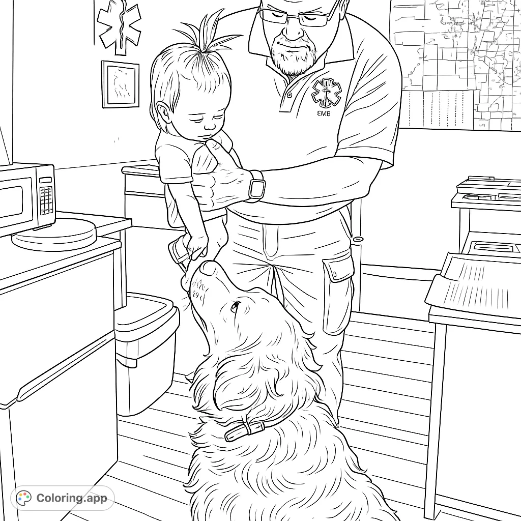 A heartwarming scene of a man holding a child who gently interacts with a friendly dog, set in a cozy indoor space. Perfect for all ages.