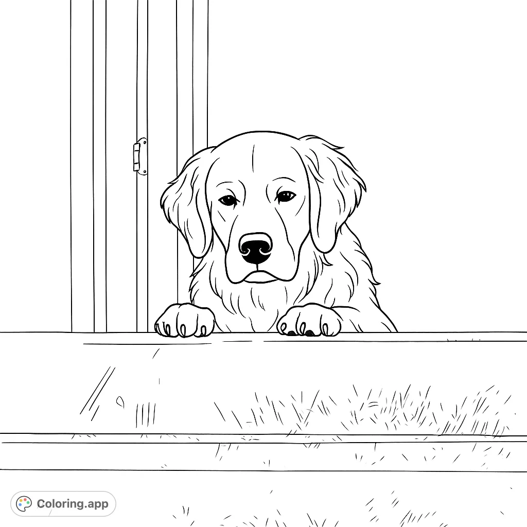 A charming golden retriever peeks over a barrier, its expressive face and fluffy paws ready for your creative touch. Perfect for dog lovers!