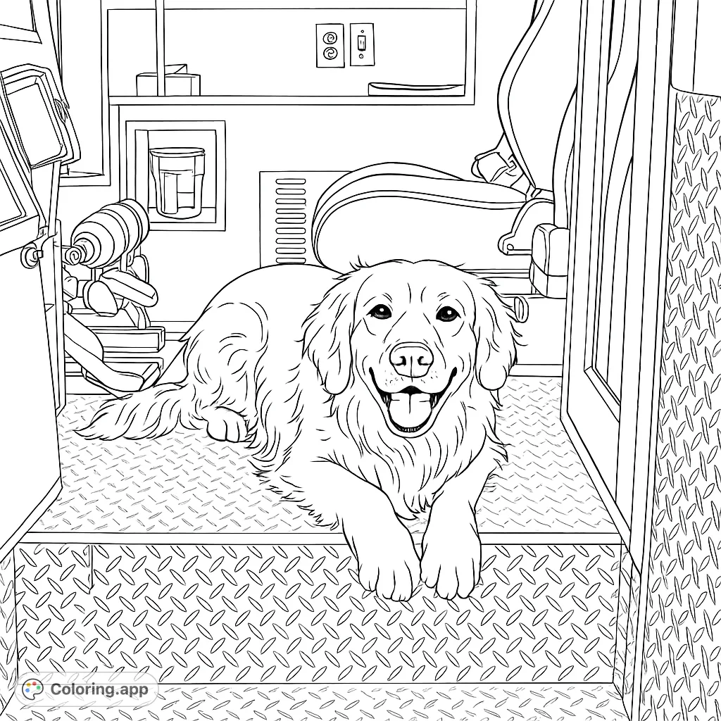 A heartwarming coloring page featuring a friendly dog resting inside an emergency vehicle, surrounded by equipment and textured surfaces. Perfect for dog lovers!
