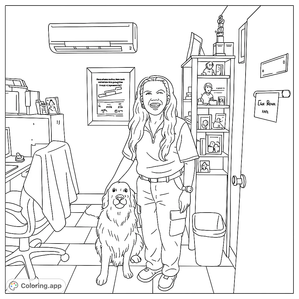 A heartwarming coloring page featuring a smiling woman and her loyal dog in a cozy office. Perfect for dog lovers and those who enjoy detailed indoor scenes.