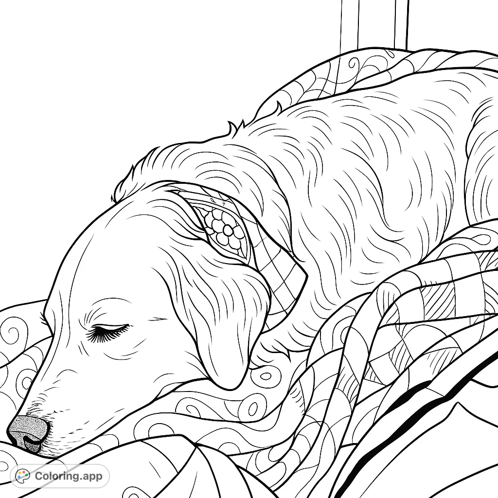 A heartwarming coloring page featuring a fluffy dog sleeping soundly amidst cozy blankets. Perfect for relaxation and animal lovers.