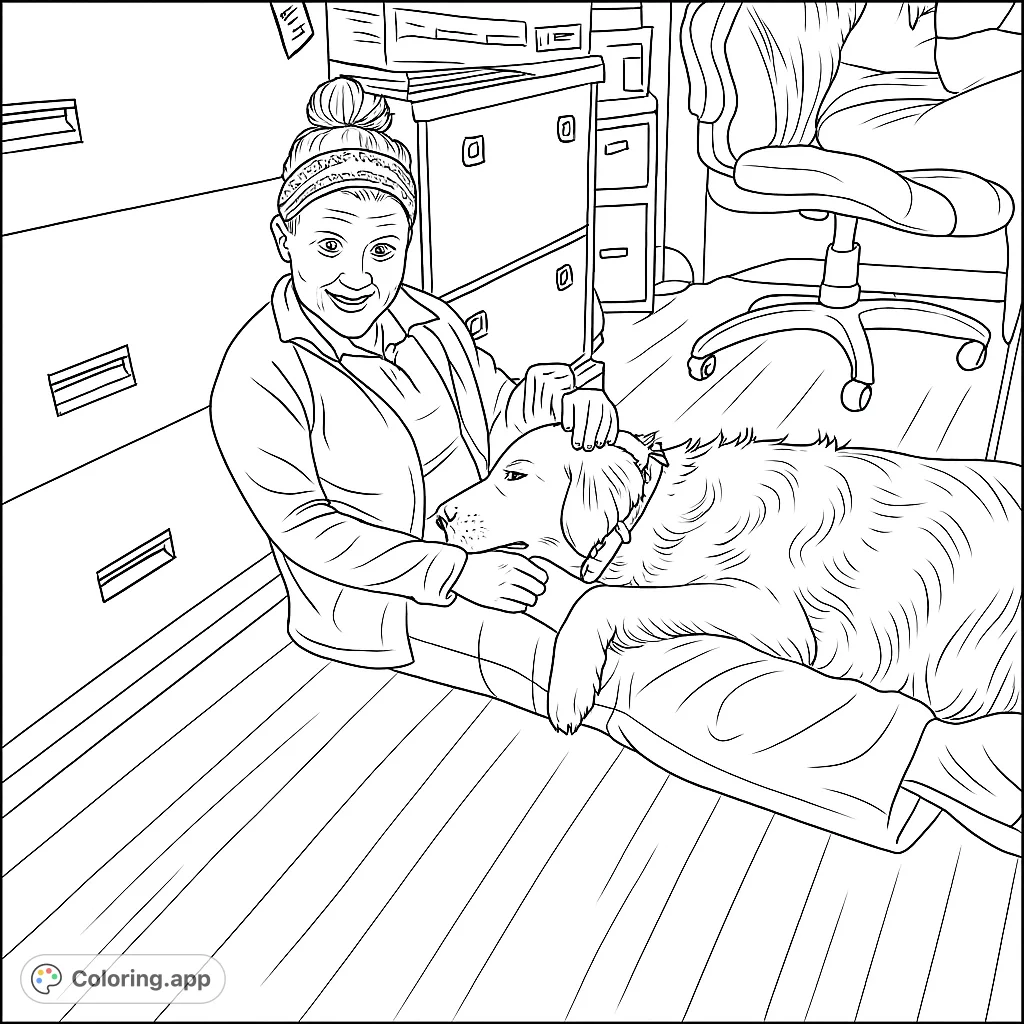 A heartwarming woman and dog coloring page featuring a loyal companion relaxing in an office setting. Perfect for animal lovers and a moment of calm.