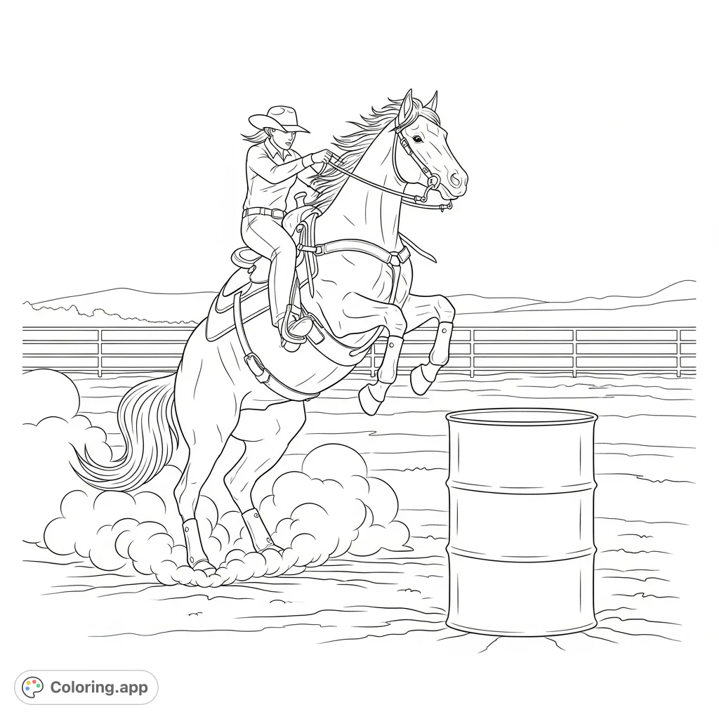 Experience the thrill of barrel racing! A powerful horse rears with its rider, kicking up dust around a barrel in a dynamic rodeo scene.