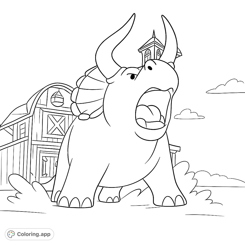 A dynamic dinosaur roaring amidst a dusty ranch setting, perfect for a fun coloring adventure. Bring this prehistoric pal to life!