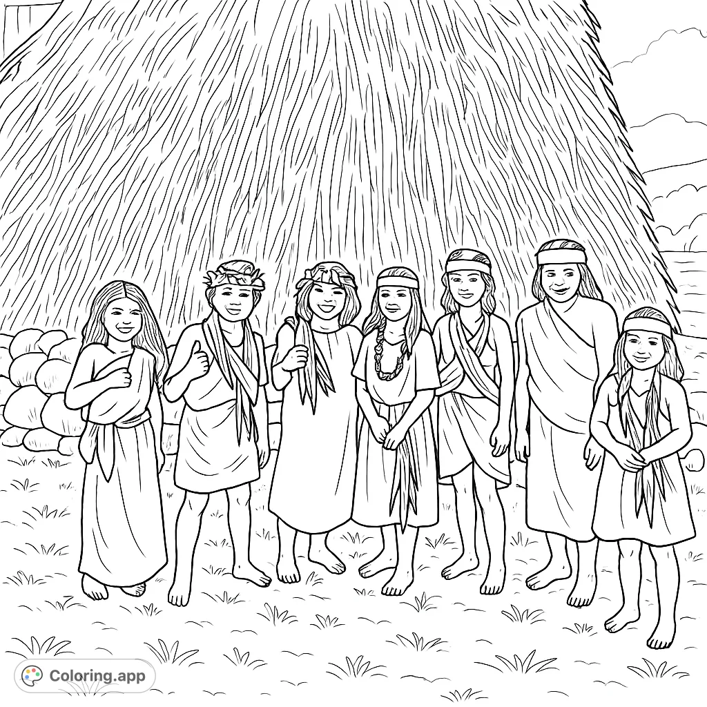 Color seven smiling children in traditional attire before a grand thatched hut. A cultural scene perfect for exploring patterns and textures.