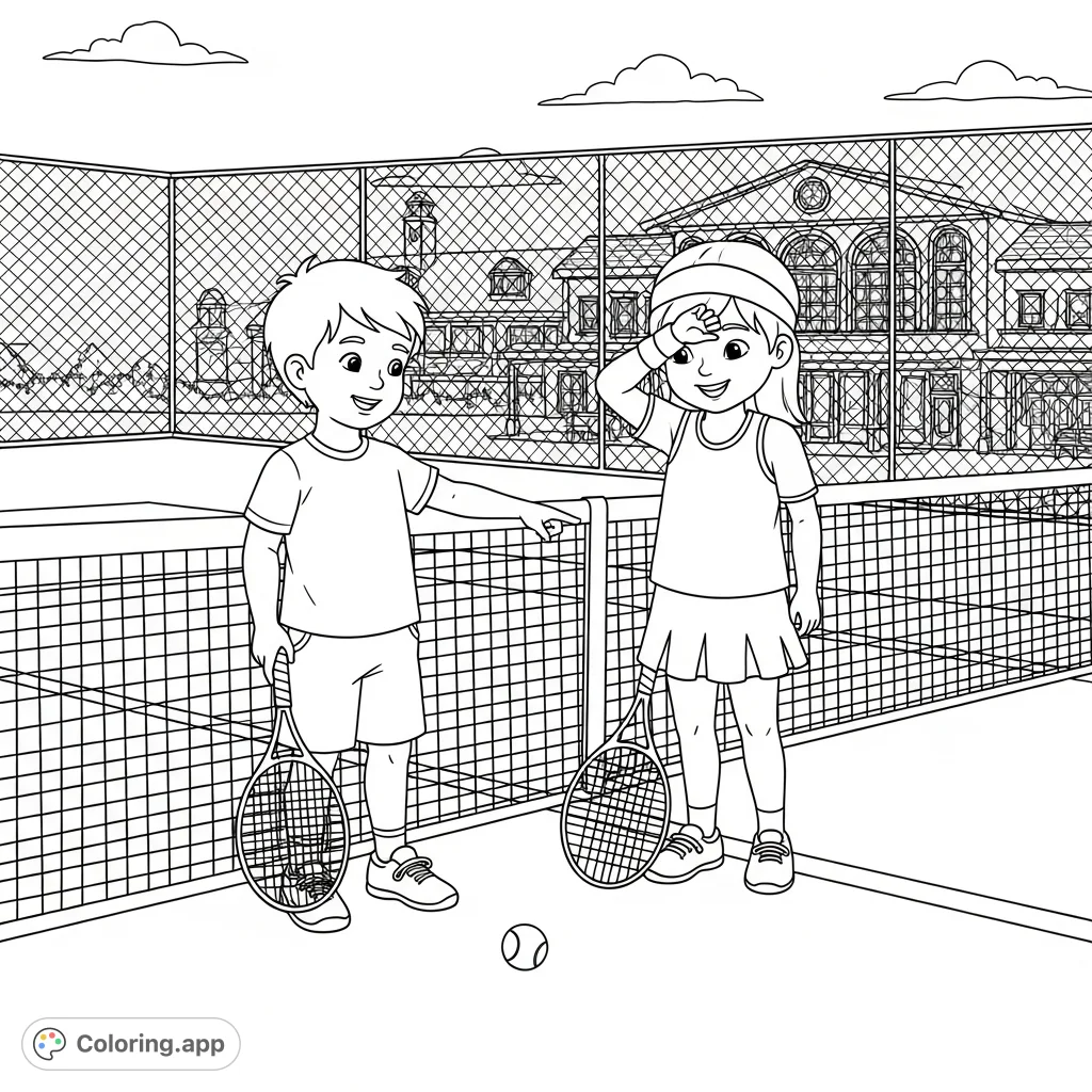 Two young children enjoy a bright day on a tennis court, rackets in hand, with a classic country club clubhouse in the background. A fun sports scene!