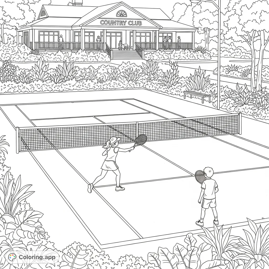 Capture the energy of a tennis match! A young girl serves on a court, with a boy ready to play, set against a country club backdrop.