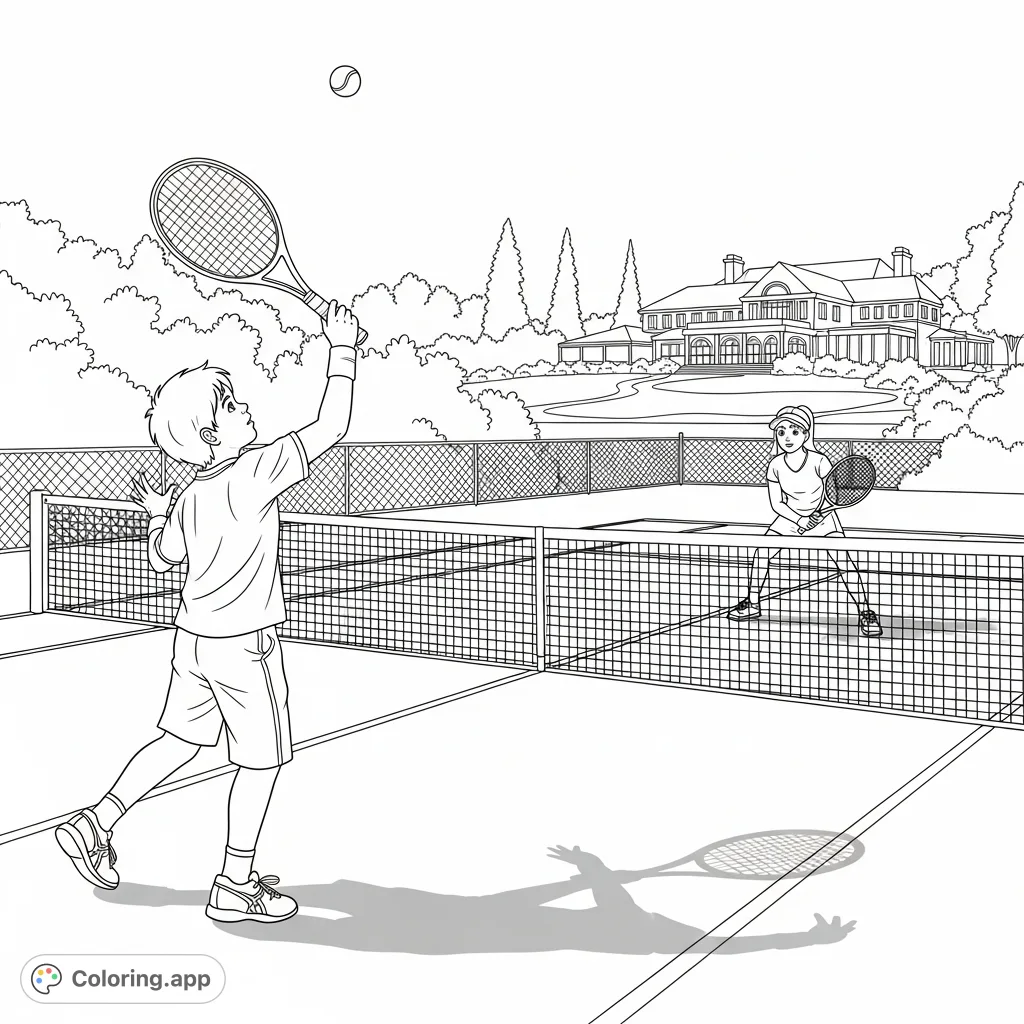 Dynamic tennis scene featuring two young players in action on a court, with a country club backdrop. Perfect for sports enthusiasts.