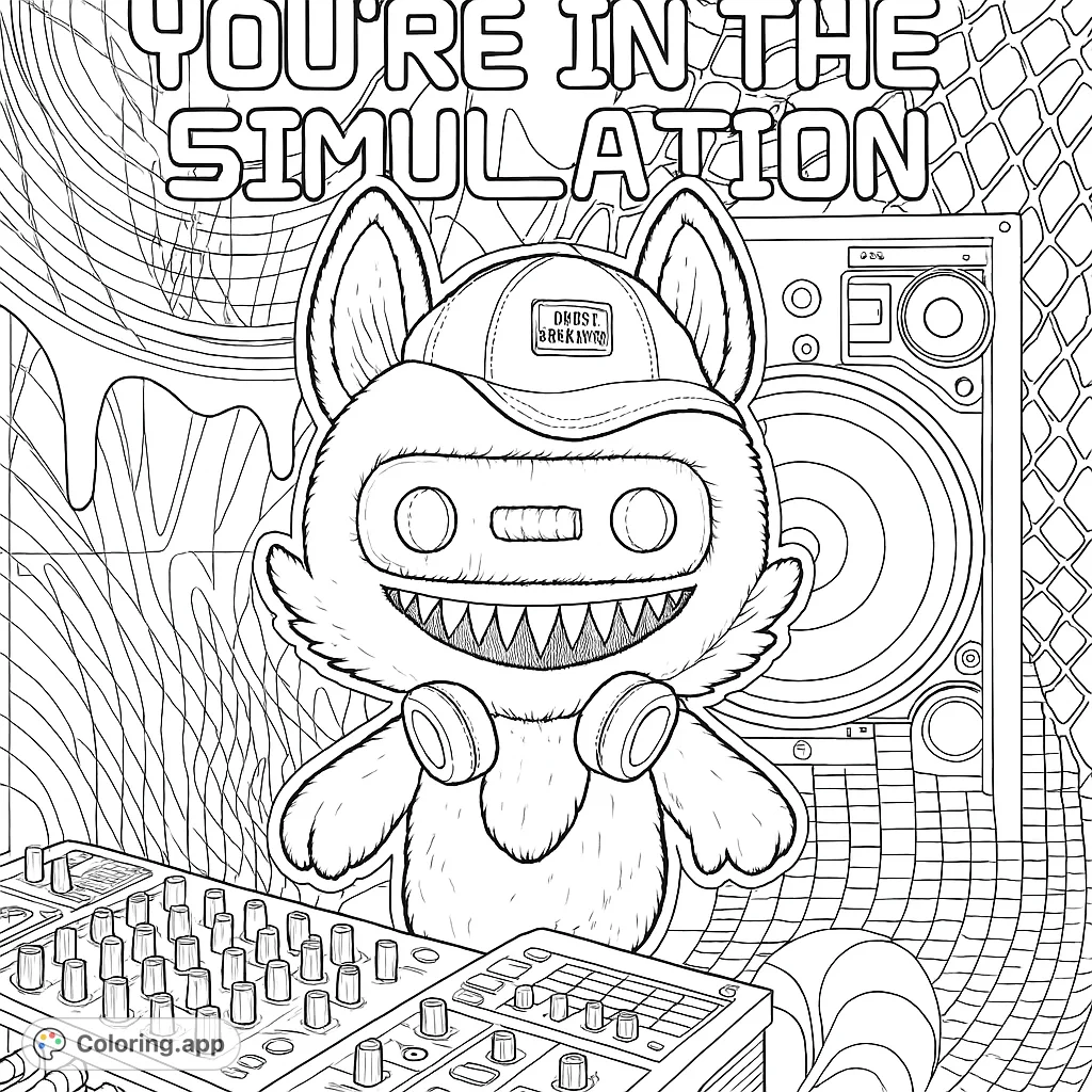 A quirky, fuzzy monster with a cassette face and headphones, surrounded by abstract patterns and DJ equipment. Dive into this unique simulation scene!