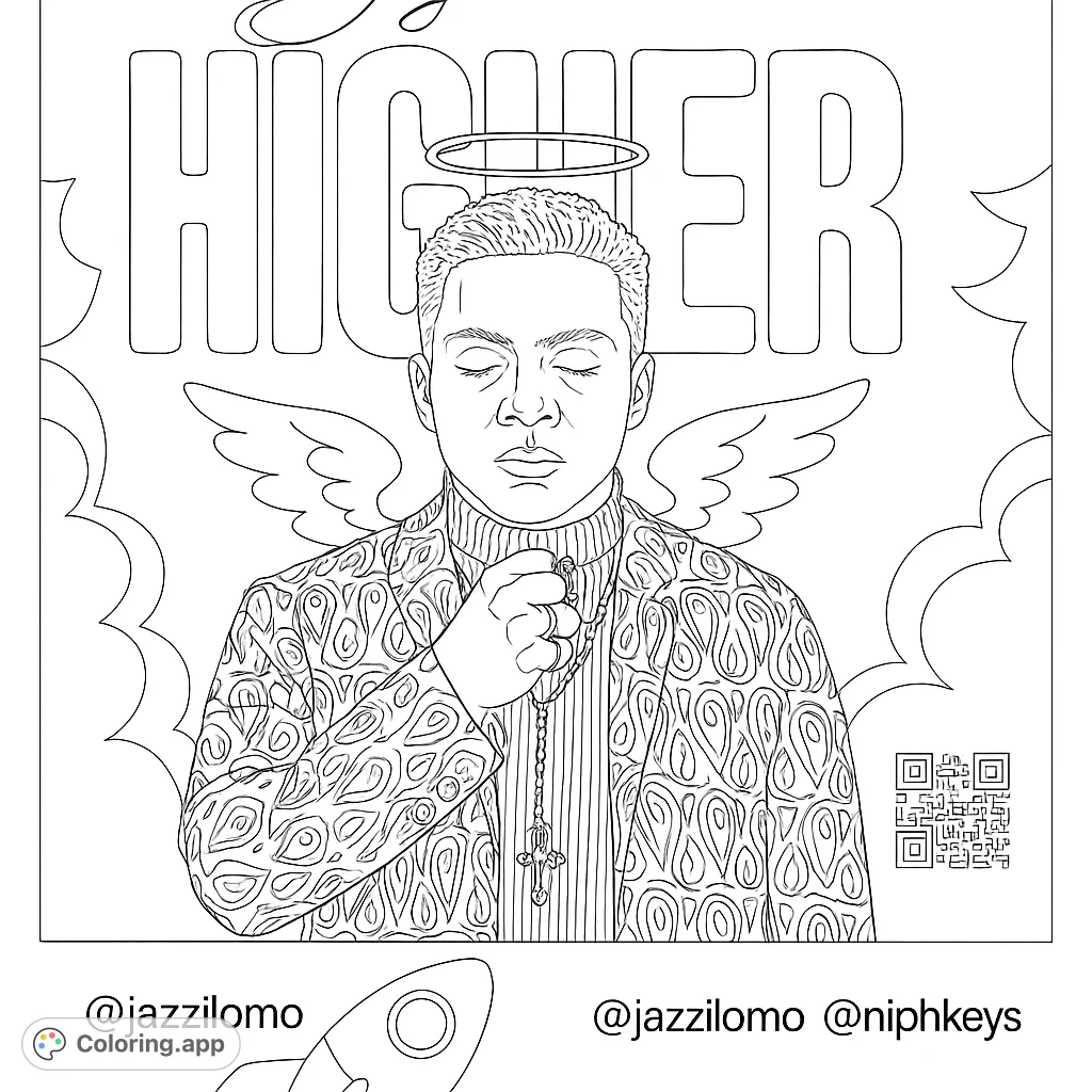 Color a captivating portrait featuring a figure with a halo and wings, adorned in a patterned jacket, set against bold text and cloud shapes.