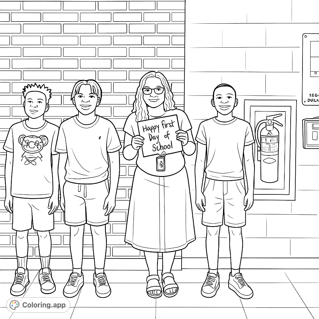 Celebrate the first day of school with this fun coloring page featuring students and a teacher, perfect for welcoming new beginnings and classroom creativity.