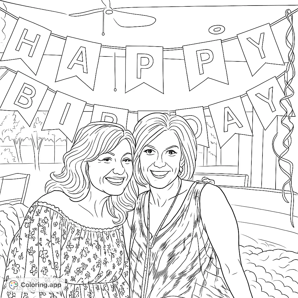 Celebrate friendship with this happy birthday coloring page featuring two smiling women and a festive banner. Perfect for all ages!
