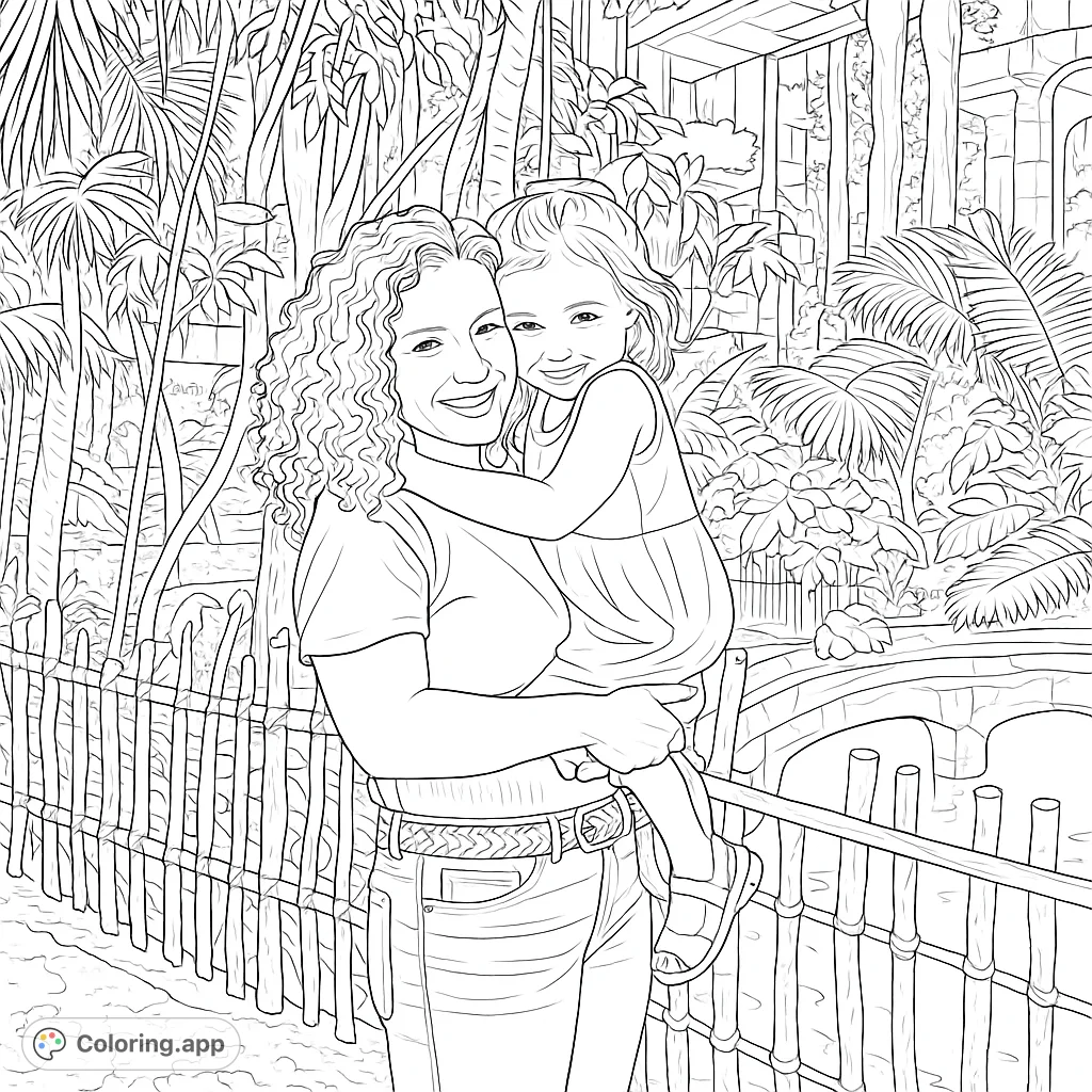 Capture a heartwarming family moment in a lush tropical setting. This intricate coloring page features a woman and child in a loving embrace.