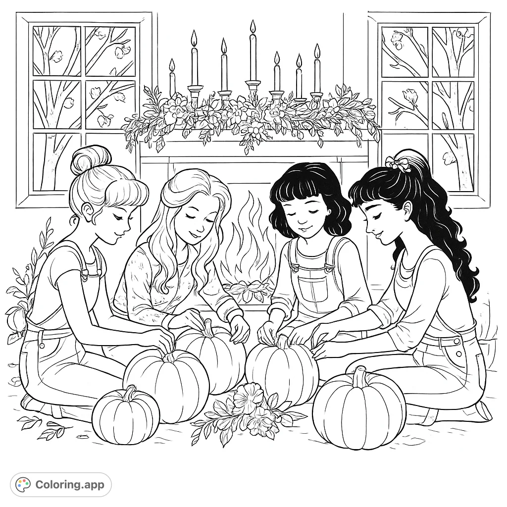 Four friends enjoy a cozy autumn evening, gathered by a warm fireplace to carve pumpkins and share festive moments. A delightful fall scene!