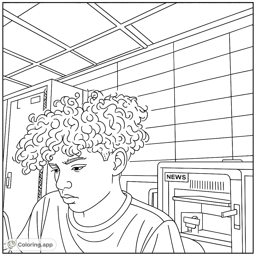 A focused young person with curly hair, surrounded by classroom elements and news equipment, ready for creative coloring and mindful engagement.