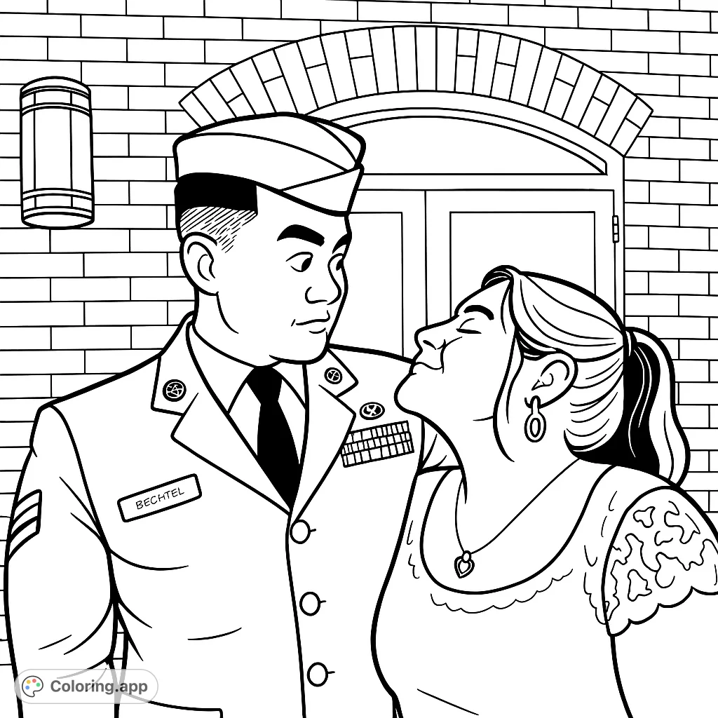 A heartwarming coloring page featuring a military service member and their partner, sharing a tender moment against a brick wall backdrop.