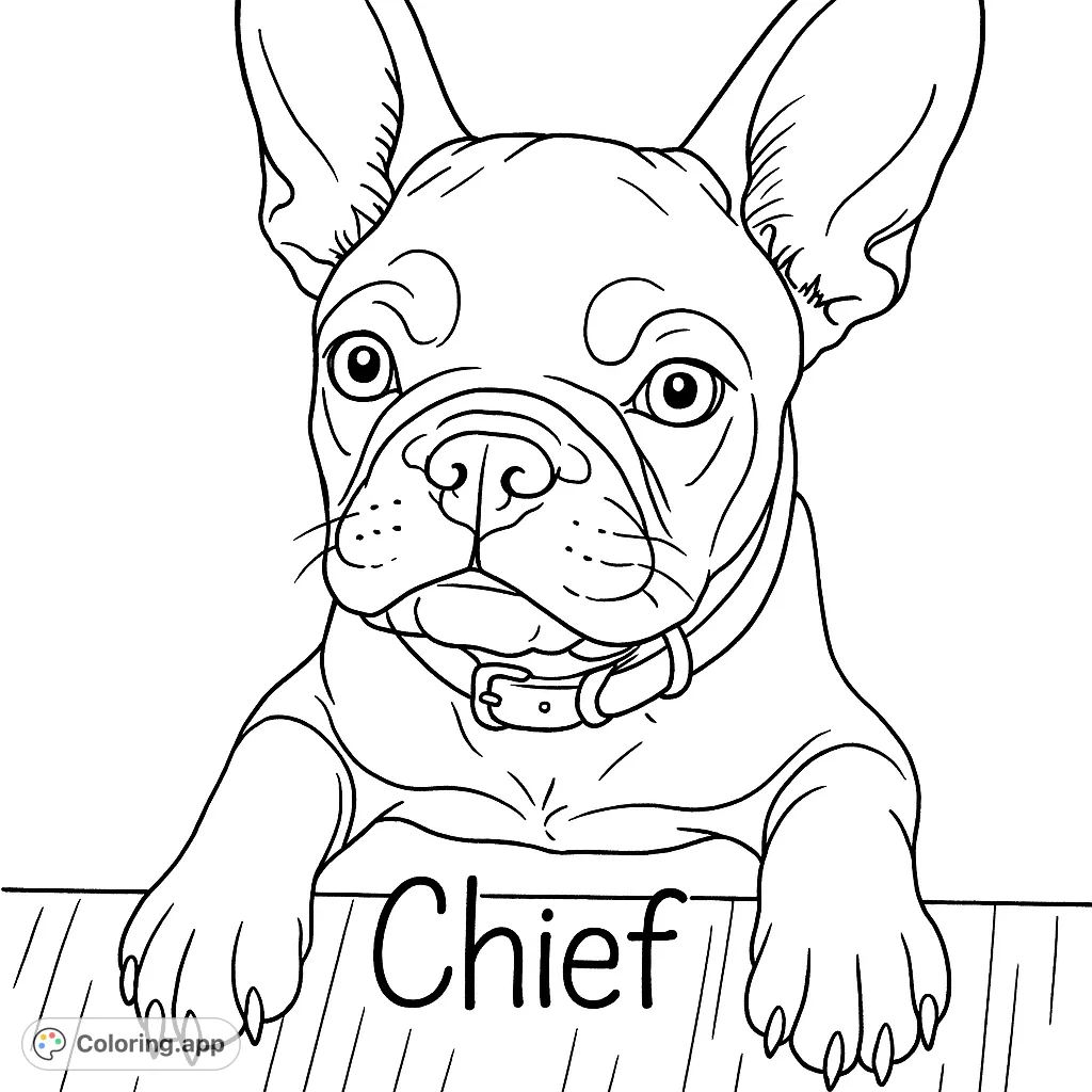 An adorable French Bulldog puppy with large ears and a wrinkled face, resting its paws on a wooden surface, ready for a creative splash of color.