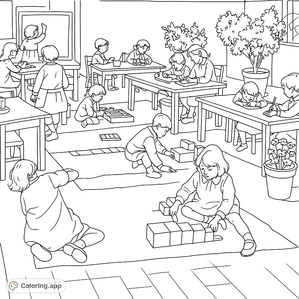 Explore a charming scene of children engaged in outdoor learning, fostering creativity and focus. A delightful educational coloring page for all ages.