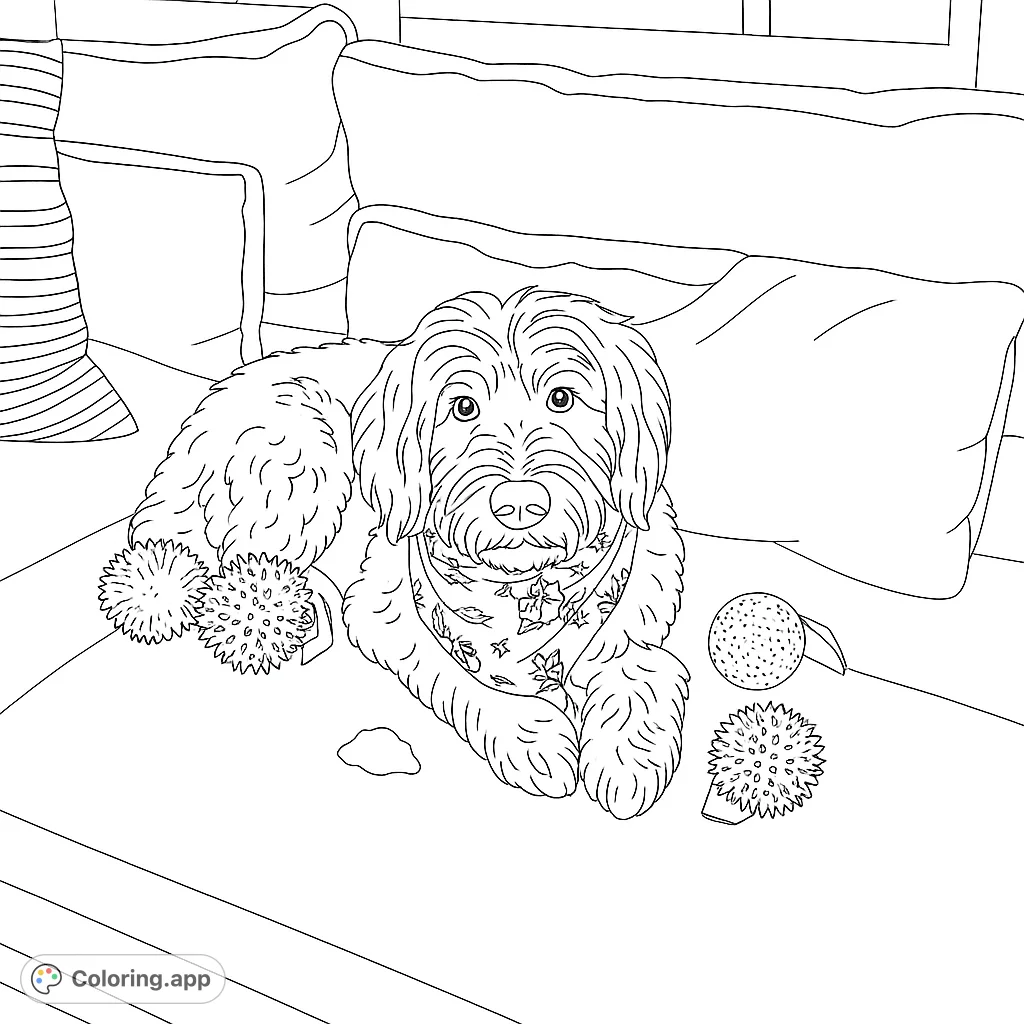 A charming fluffy dog relaxes on a sofa surrounded by its favorite textured toys. Perfect for a cozy coloring session.