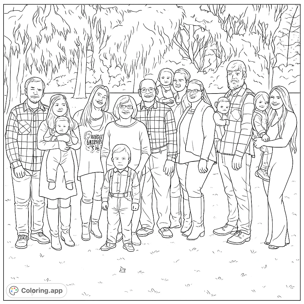 Celebrate family bonds with this heartwarming coloring page featuring a multi-generational family portrait in a natural outdoor setting.