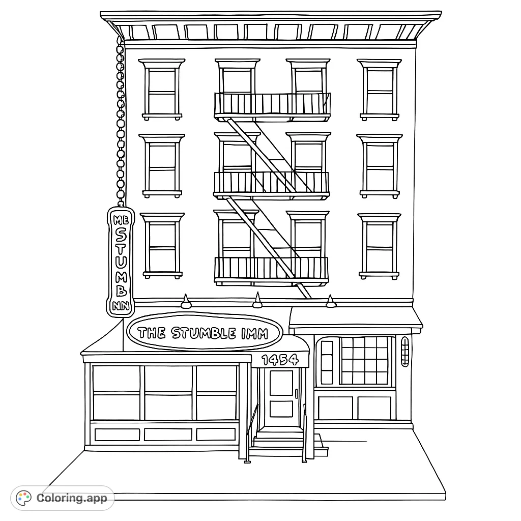 Explore a detailed city building coloring page featuring a charming ground-floor inn, multiple windows, and intricate fire escapes. Perfect for urban art enthusiasts!