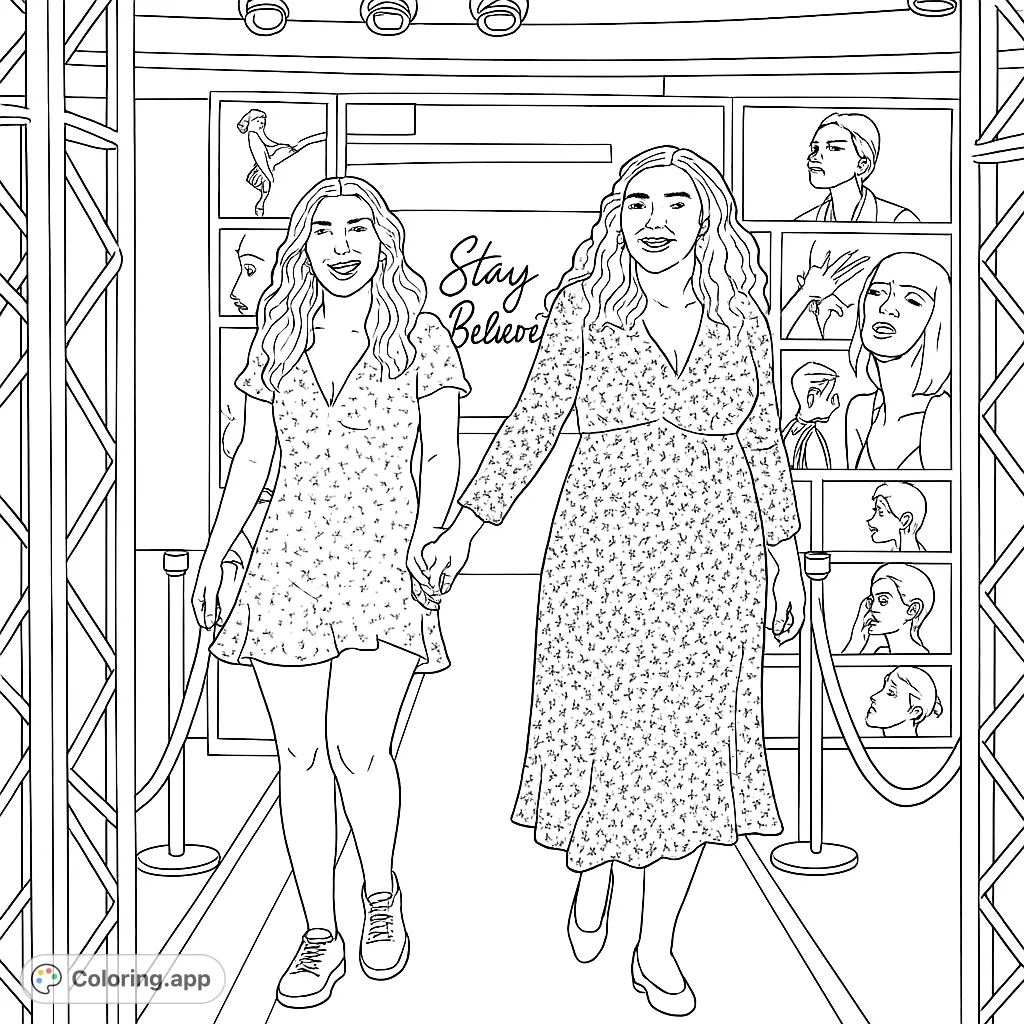 Capture the excitement of two friends walking a stylish runway, surrounded by fashion imagery and bright lights. A fun, modern coloring page for all ages.