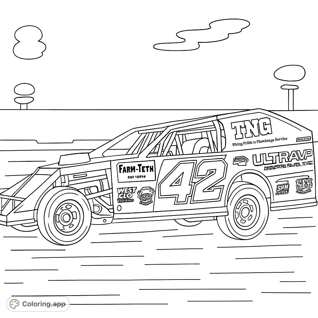 Experience the thrill of dirt track racing with this detailed coloring page featuring a powerful modified race car, number 42, ready for action.