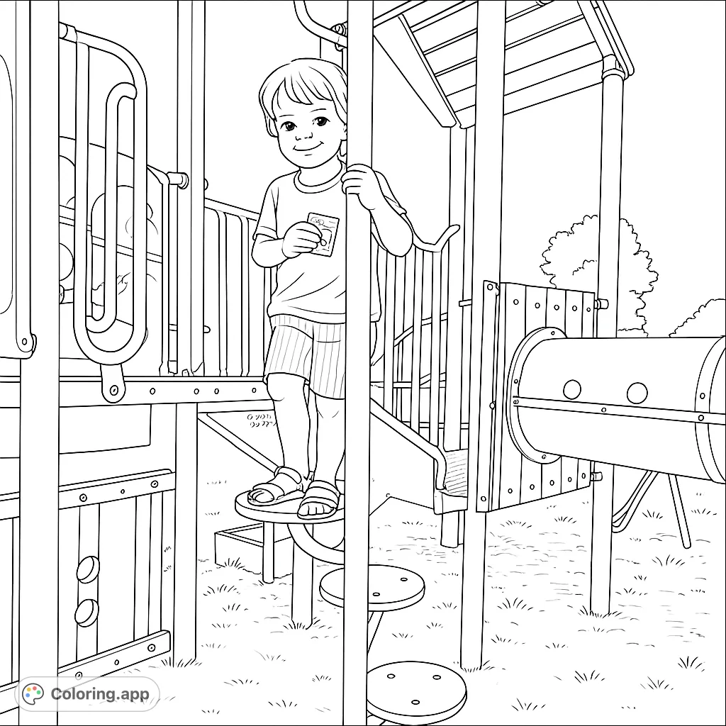 A cheerful boy explores a fun playground, climbing steps and holding railings. Perfect for kids to color and imagine their own outdoor adventures.