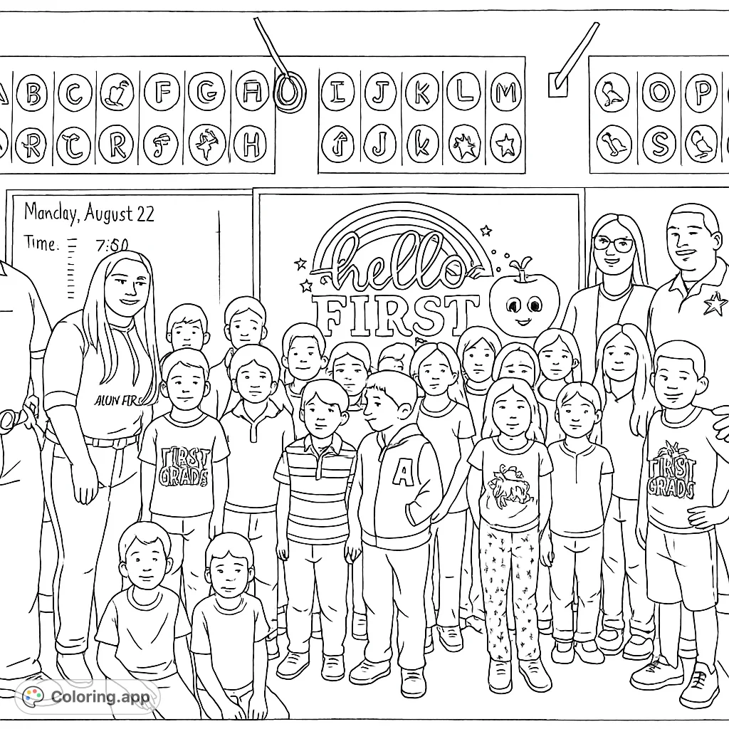A heartwarming scene of community helpers visiting a first-grade classroom, surrounded by smiling students and educational decorations.