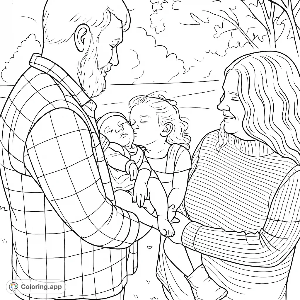 Capture a heartwarming family moment outdoors with a father, mother, and their two children. A sweet sibling kiss makes this a joyful scene.