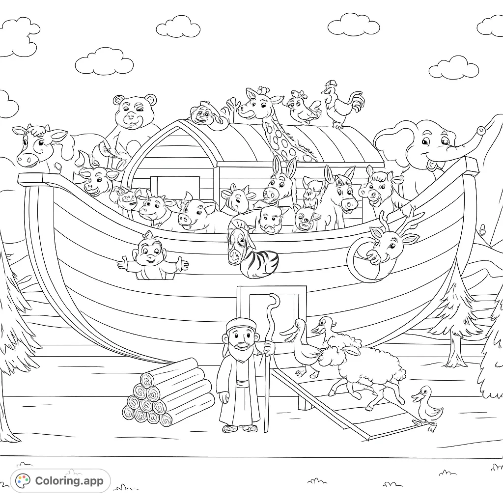 Embark on a grand adventure with Noah's Ark coloring page! Featuring a cheerful collection of animals, a wise figure, and a majestic ark.