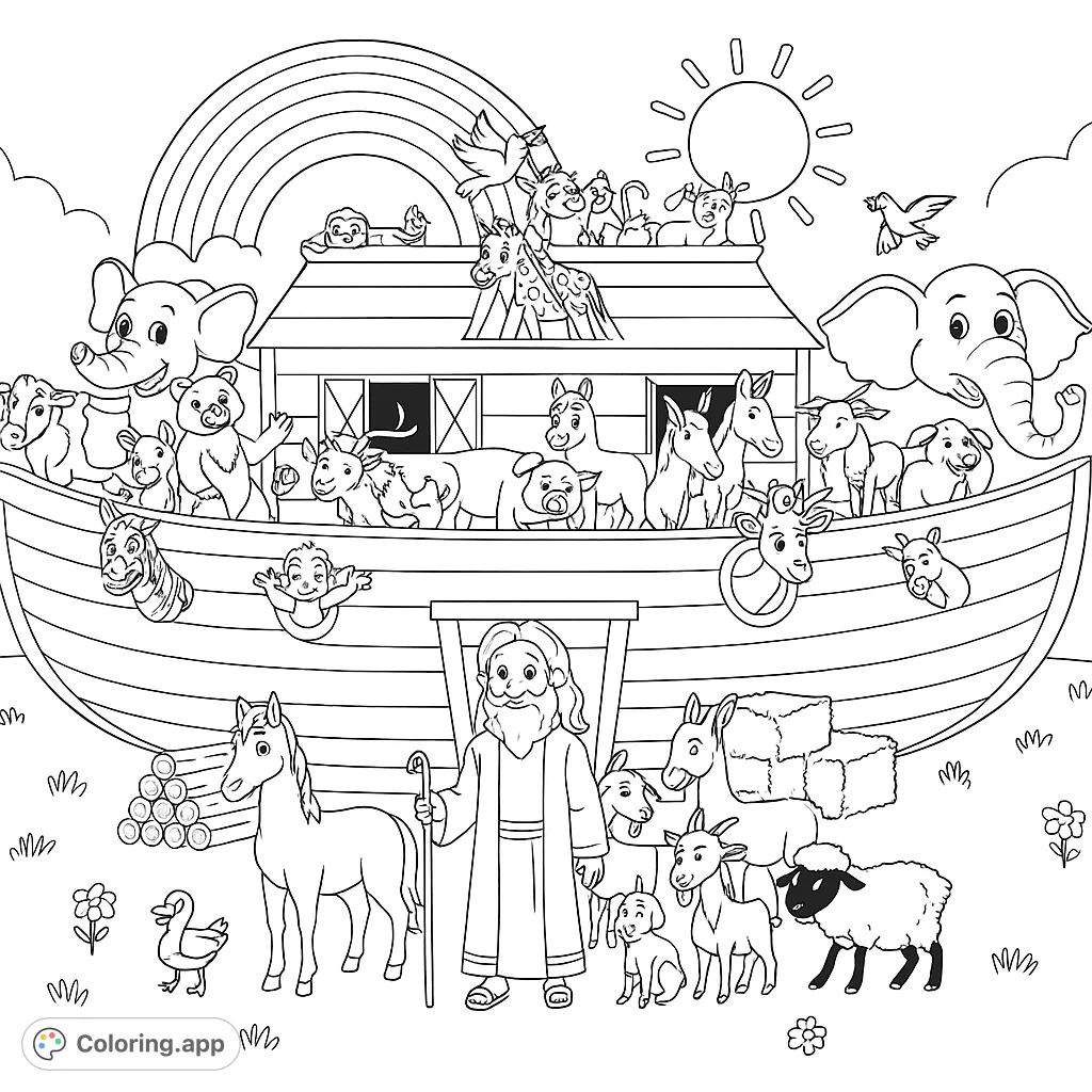 Embark on a grand adventure with Noah's Ark coloring page, featuring a multitude of animals, Noah, and a majestic ark under a sky with a rainbow.