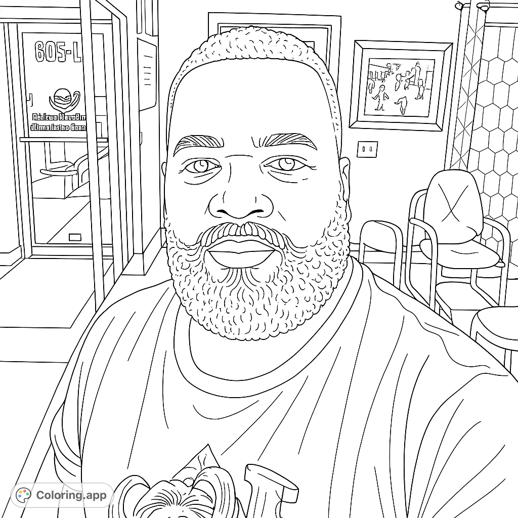 A striking portrait of a man with a distinguished beard and a unique t-shirt design, set in an intriguing interior. Perfect for detailed coloring.