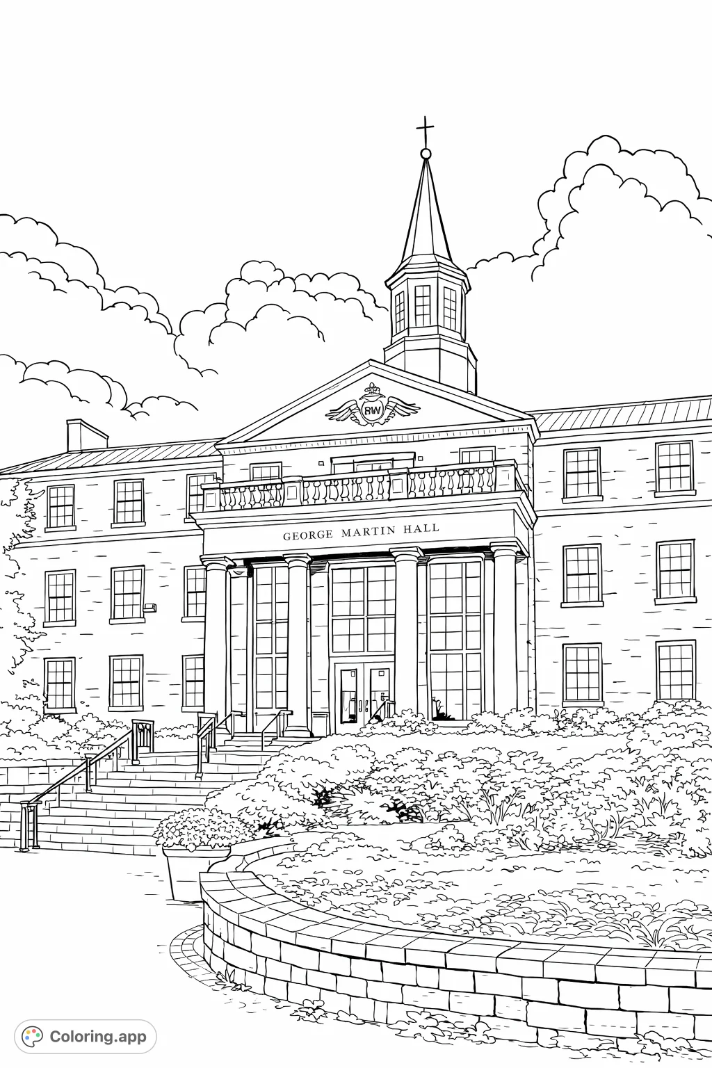 Color an impressive architectural scene featuring George Martin Hall, complete with classical columns, a stately steeple, and intricate landscaping.