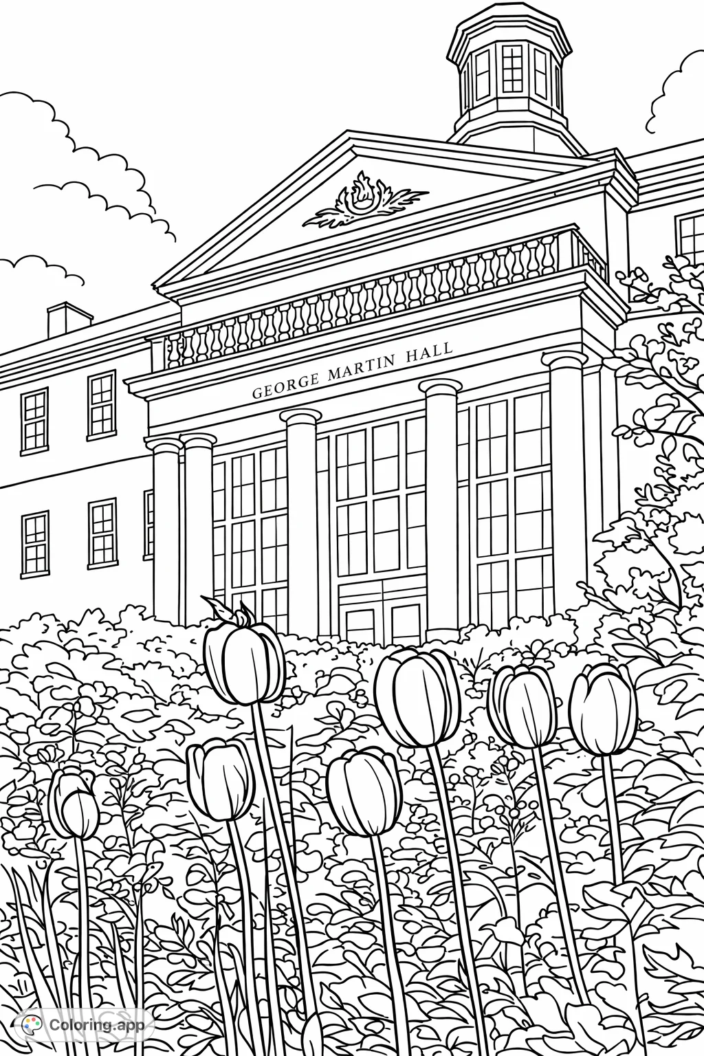 Color a grand historic hall framed by elegant columns and a foreground of lovely spring tulips. A detailed architectural and floral scene awaits your creative touch.