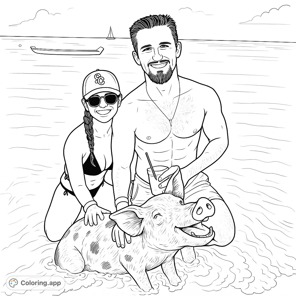 Capture the joy of a beach day with a friendly pig! This unique coloring page features a couple interacting with a spotted pig in shallow ocean water.