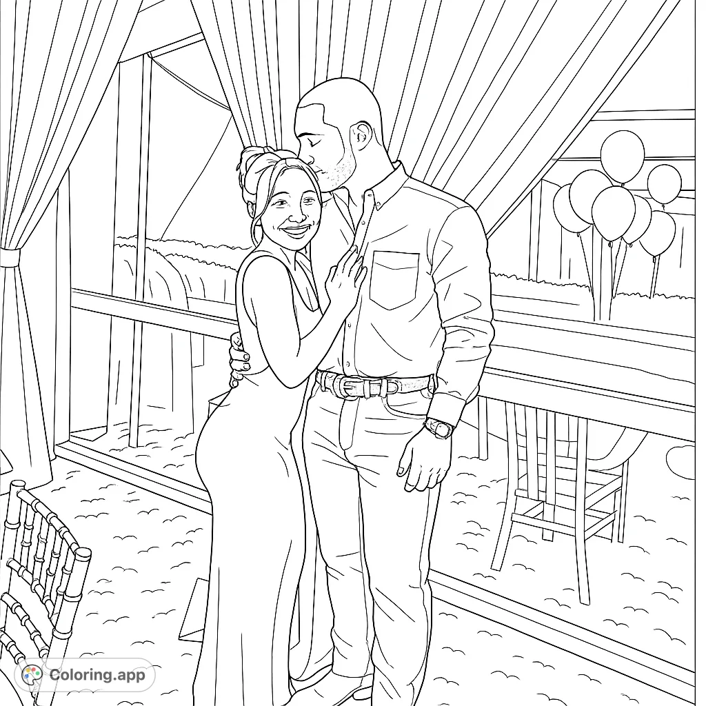 Capture a tender moment with this elegant couple coloring page. Features a man kissing a woman's forehead, surrounded by a sophisticated indoor setting.