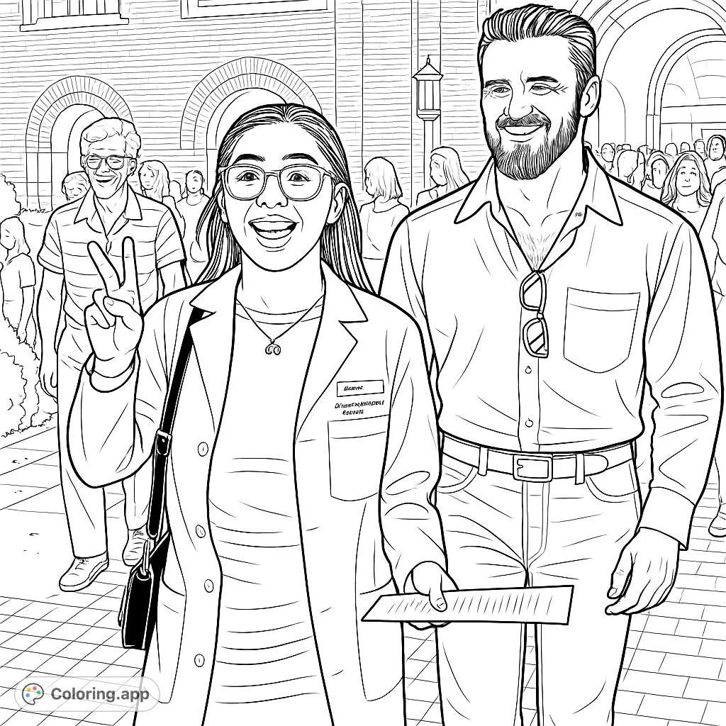 Celebrate achievement with this detailed coloring page featuring a joyful graduate in a lab coat and a supportive companion amidst a bustling crowd and grand architecture.