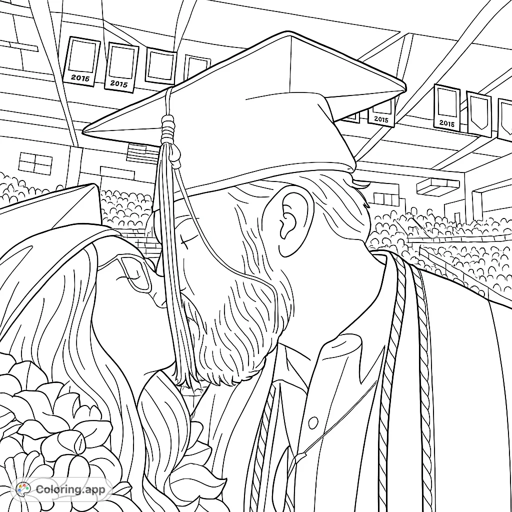 Celebrate a special graduation moment with this heartwarming coloring page featuring two graduates sharing a kiss amidst a festive ceremony, perfect for commemorating achievements.