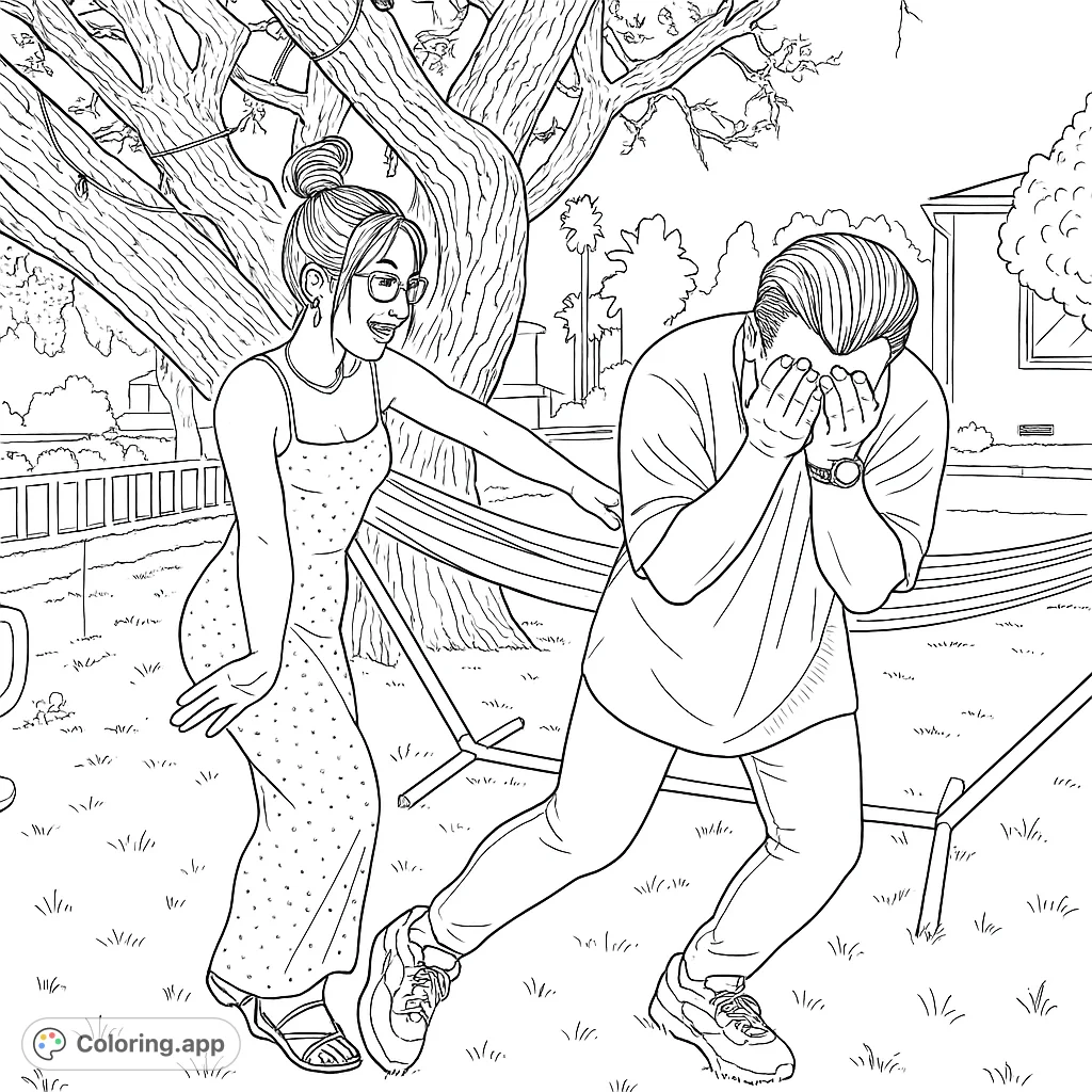 Capture a fun, playful outdoor moment between two friends. This lively scene features expressive poses, a patterned dress, and a detailed tree, perfect for creative coloring.