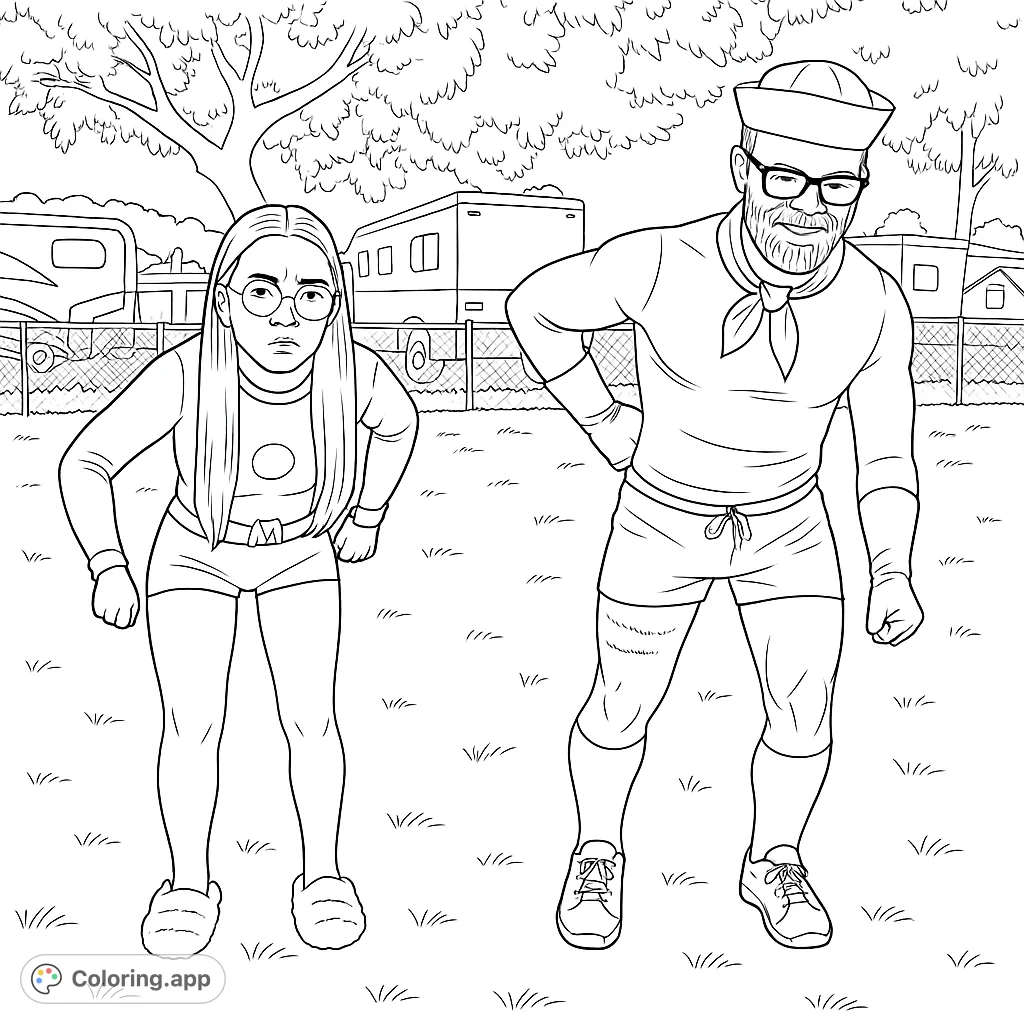 A fun coloring page featuring two individuals in unique, playful superhero-inspired costumes, ready for adventure. Perfect for creative expression.