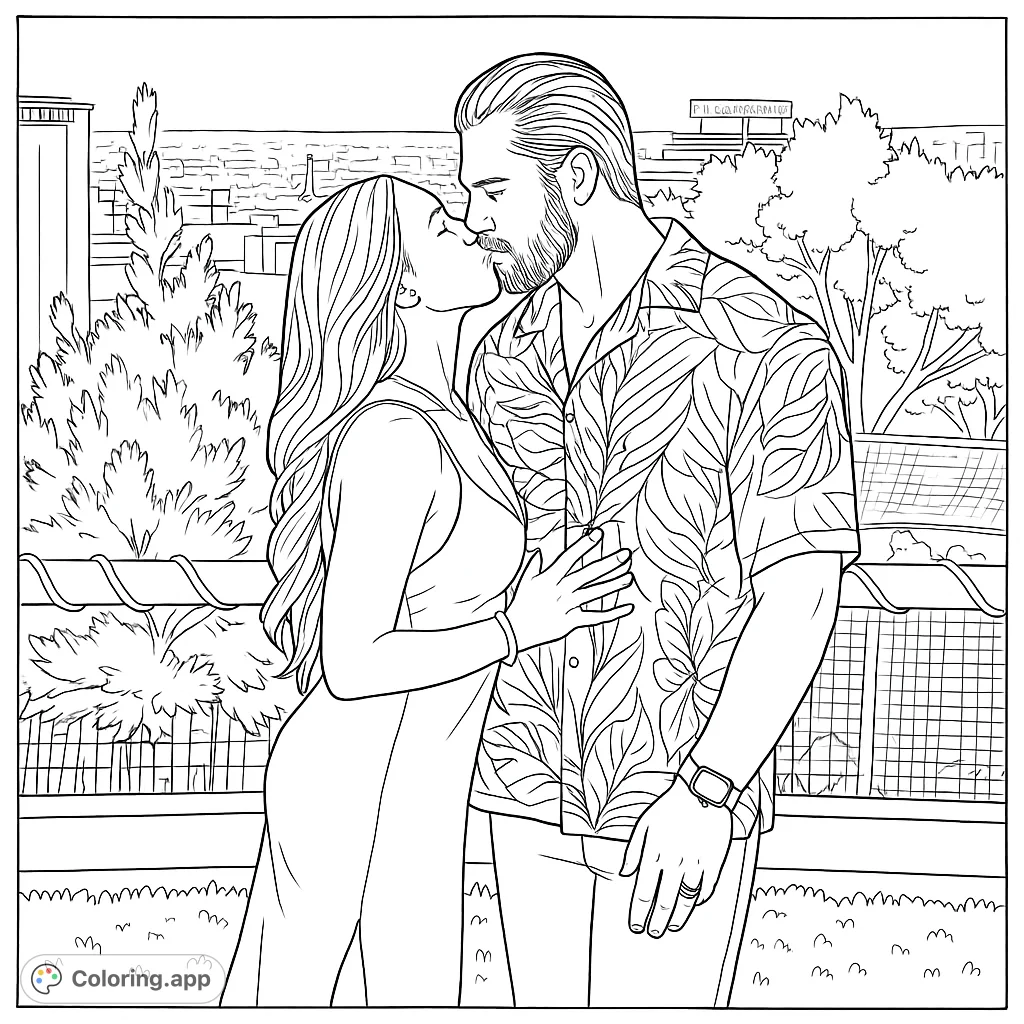 A romantic couple shares a tender kiss on a rooftop overlooking a city skyline, surrounded by lush greenery. Perfect for expressing affection.