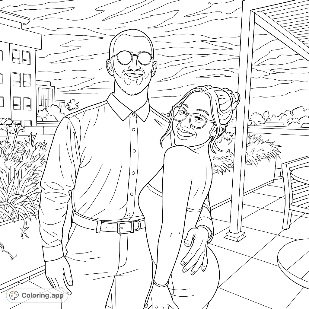 Capture a joyful moment with this couple coloring page. Features a smiling duo on a rooftop, perfect for personalizing with your unique artistic touch.