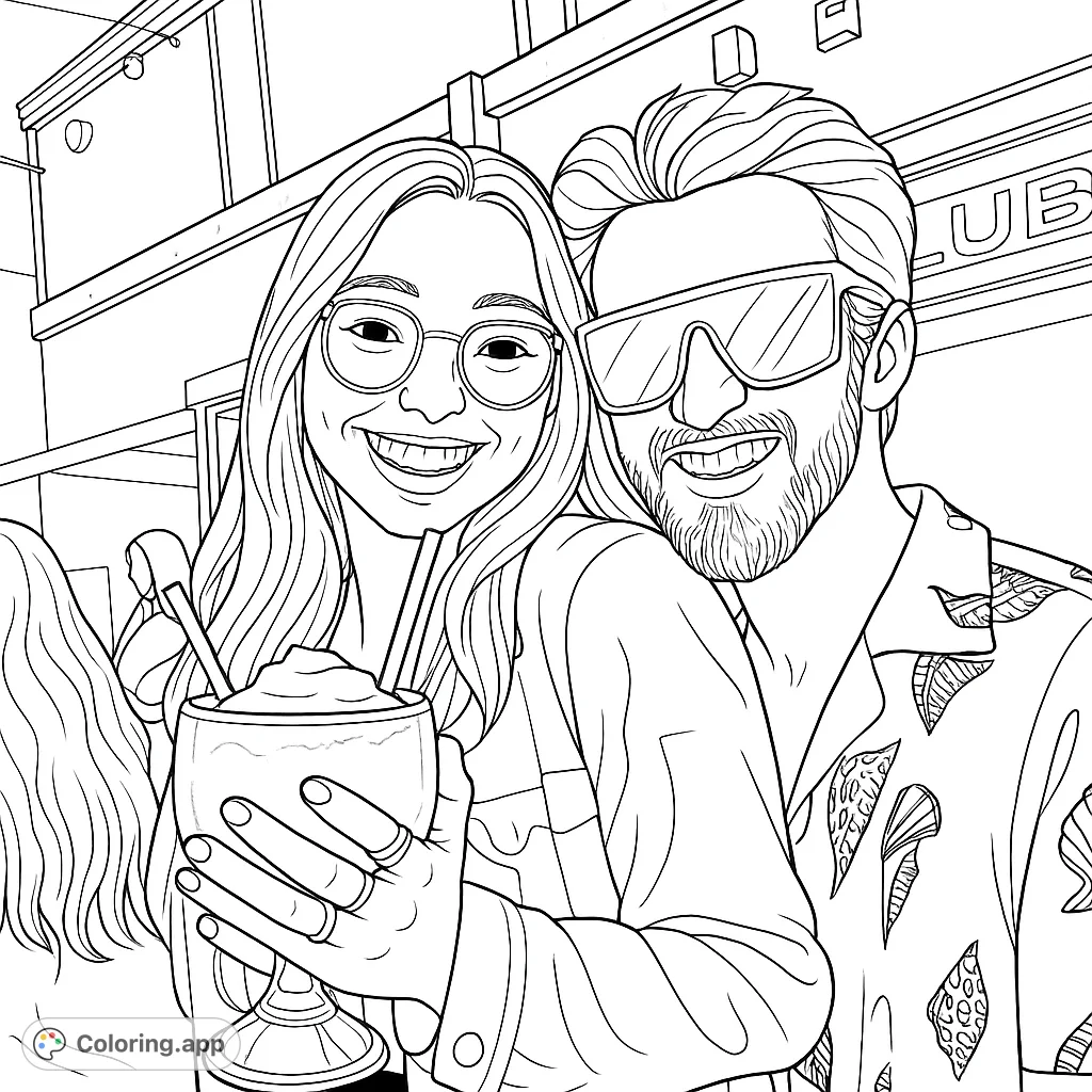 Capture a moment of joy with this detailed coloring page featuring two smiling friends, a unique frozen drink, and a lively social setting.