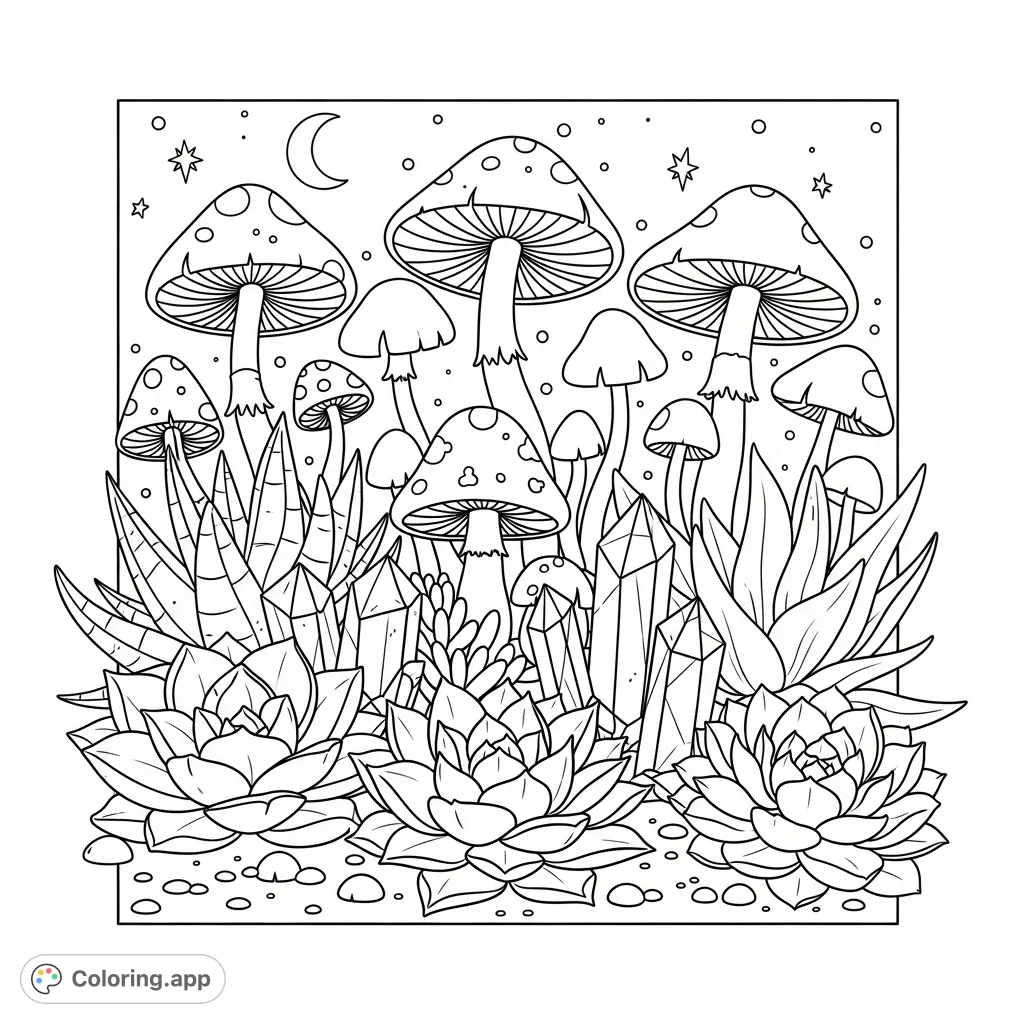 Explore a magical enchanted garden coloring page filled with whimsical succulents, charming mushrooms, and sparkling crystals under a starry sky. Perfect for all ages!