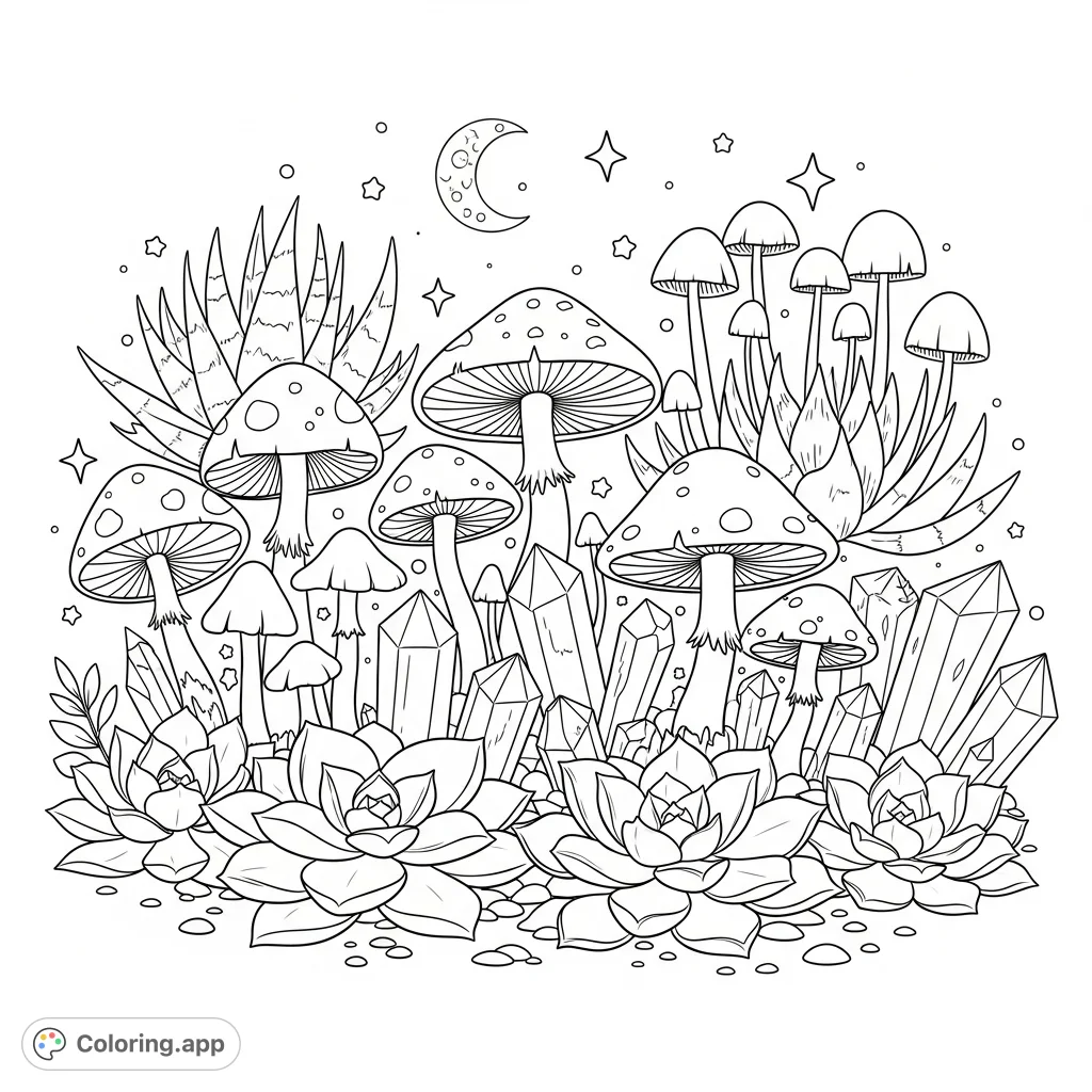 Explore a magical enchanted garden coloring page filled with whimsical succulents, charming mushrooms, and sparkling crystals under a starry sky. Perfect for all ages!