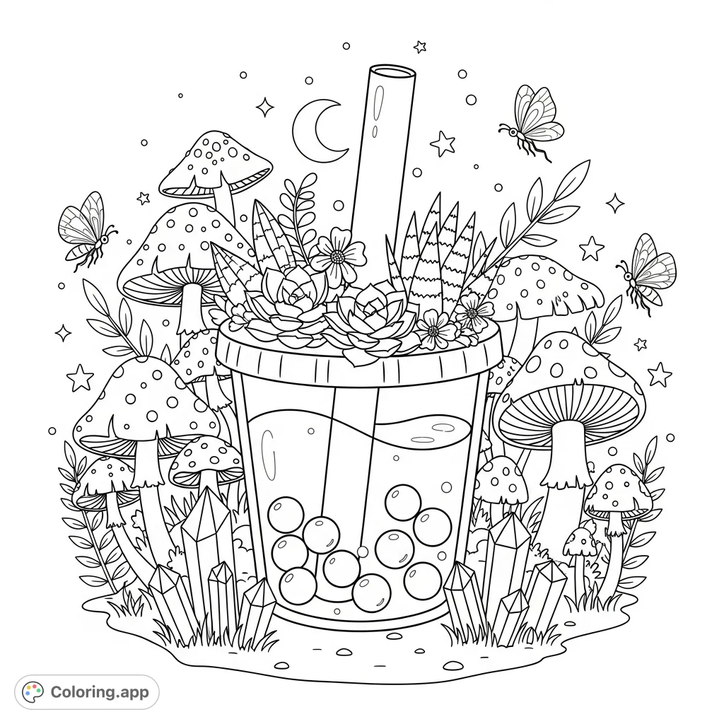 Discover a whimsical Kawaii boba cup brimming with succulents and flowers, nestled in a mystical forest with mushrooms, crystals, and flying bugs. A celestial treat!