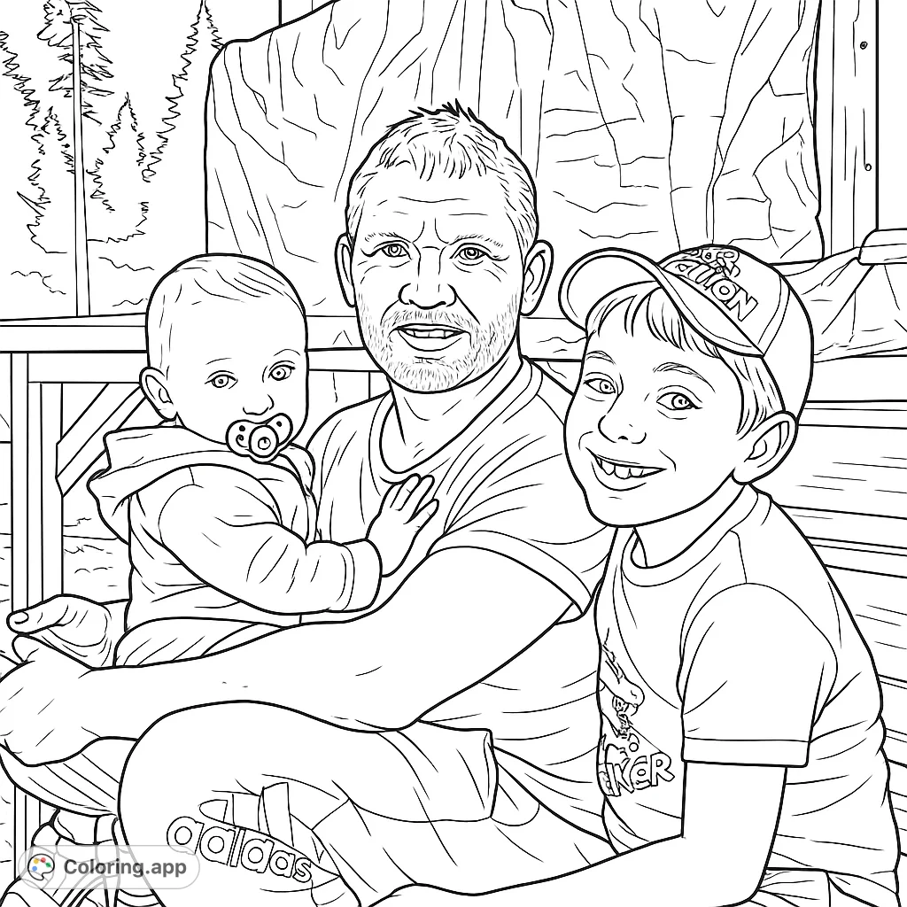 Capture a heartwarming family moment with a dad and his two children enjoying the outdoors. This family coloring page offers a delightful scene for all ages.