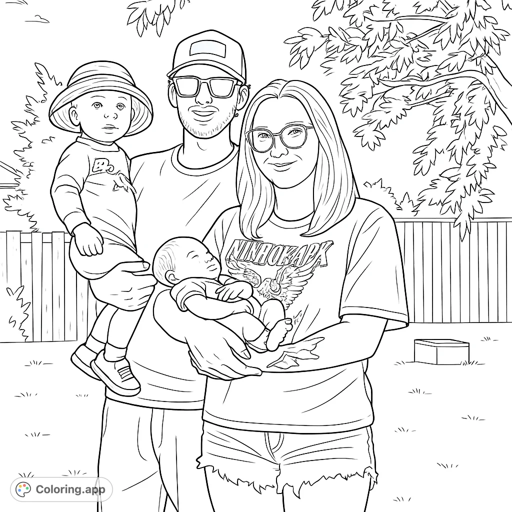 Capture a heartwarming family moment with this free printable family portrait coloring page. Featuring parents, a toddler, and an infant in a backyard setting.